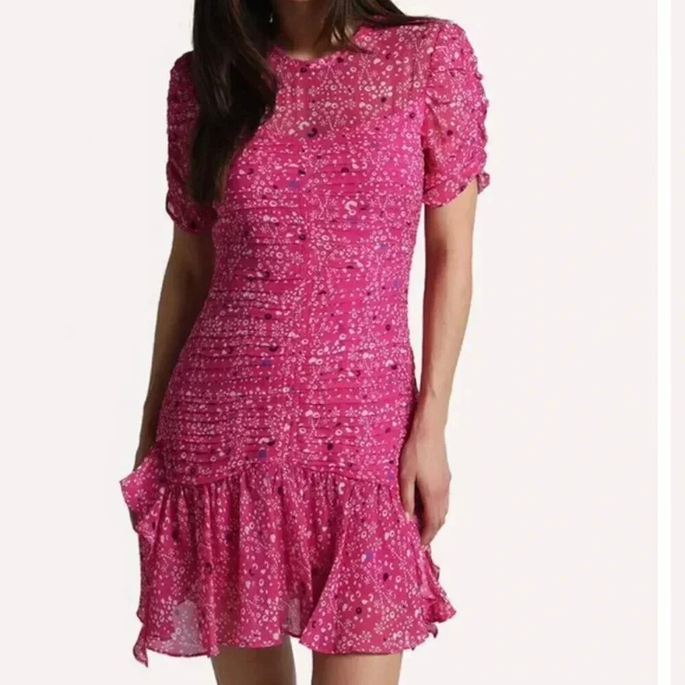 Tanya Taylor Carti Dress Ruffle Layered Midi Polka Dot Chiffon Silk Pink Size 4